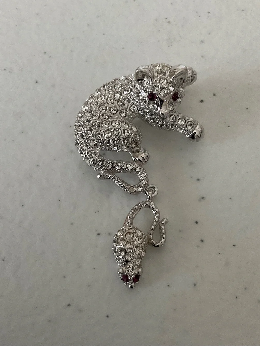 Silver Crystal Cat and Mouse Brooch with Red Eyes